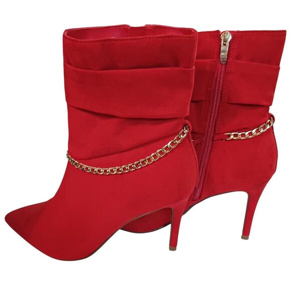 NWOT Marc Fisher Red Suede Ankle Boots 8.5 Gold Chain Stiletto Heels Bold Fierce - Picture 5 of 10